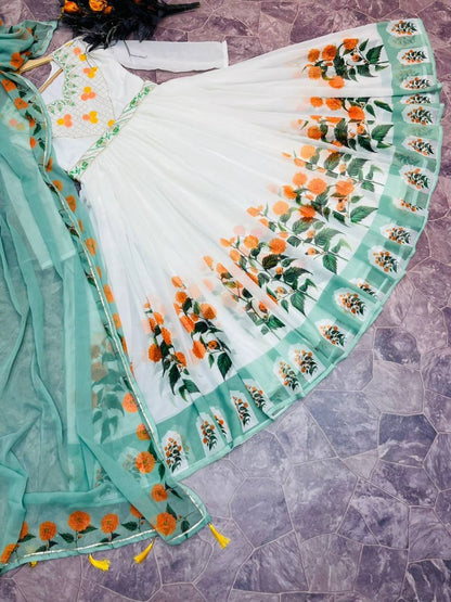 White georgette flower printed long anarkali suit