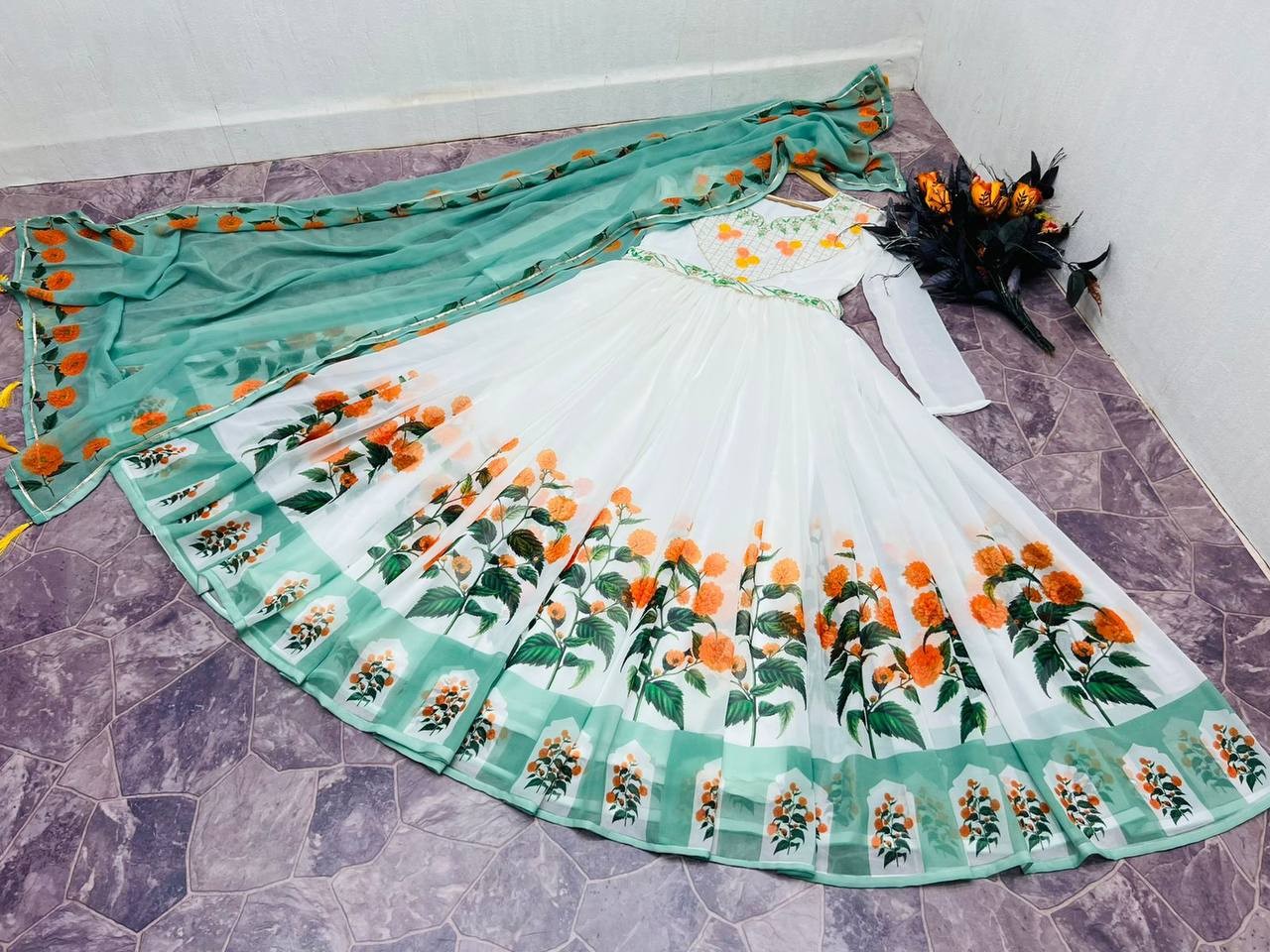 White georgette flower printed long anarkali suit