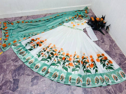 White georgette flower printed long anarkali suit