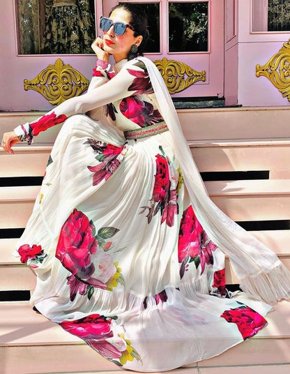 White georgette flower printed long gown