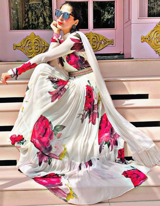 White georgette flower printed long gown