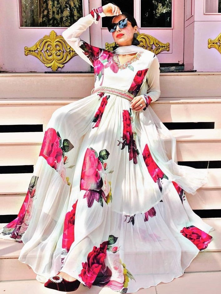 White georgette flower printed long gown