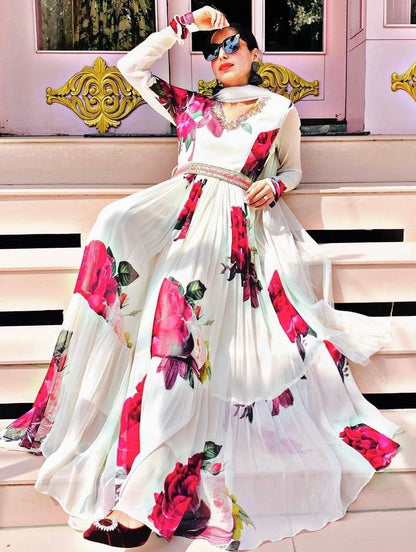 White georgette flower printed long gown