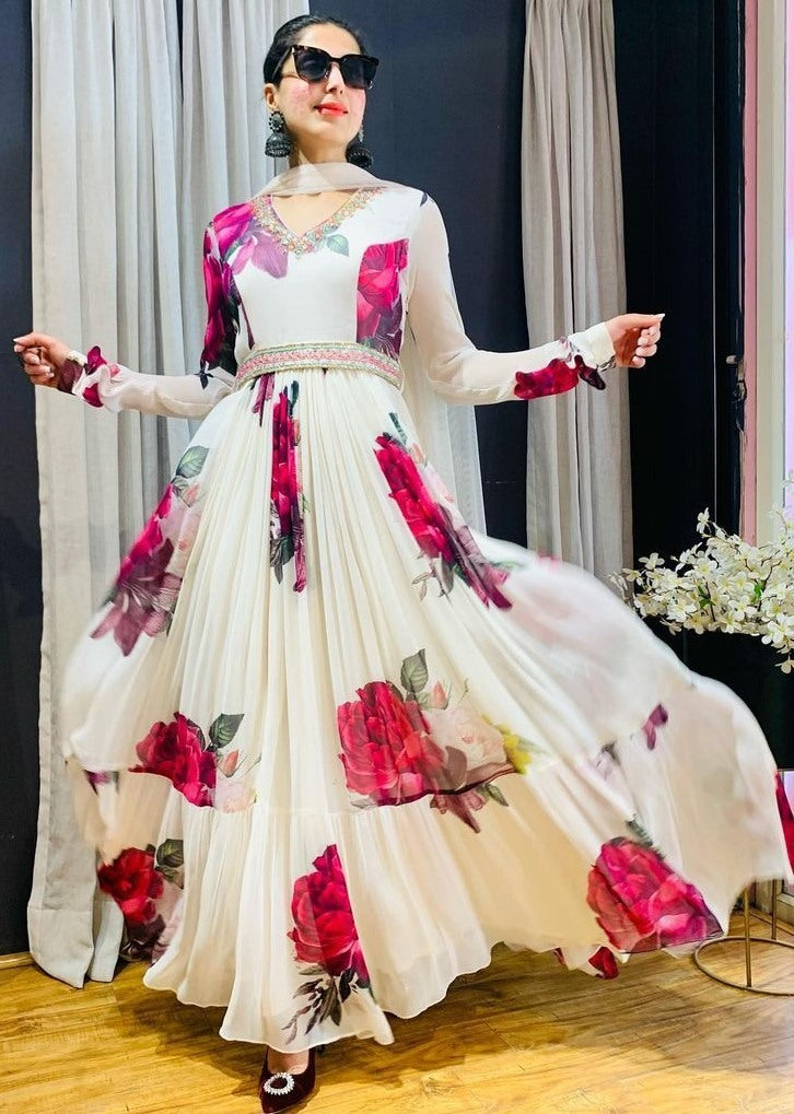 White georgette flower printed long gown