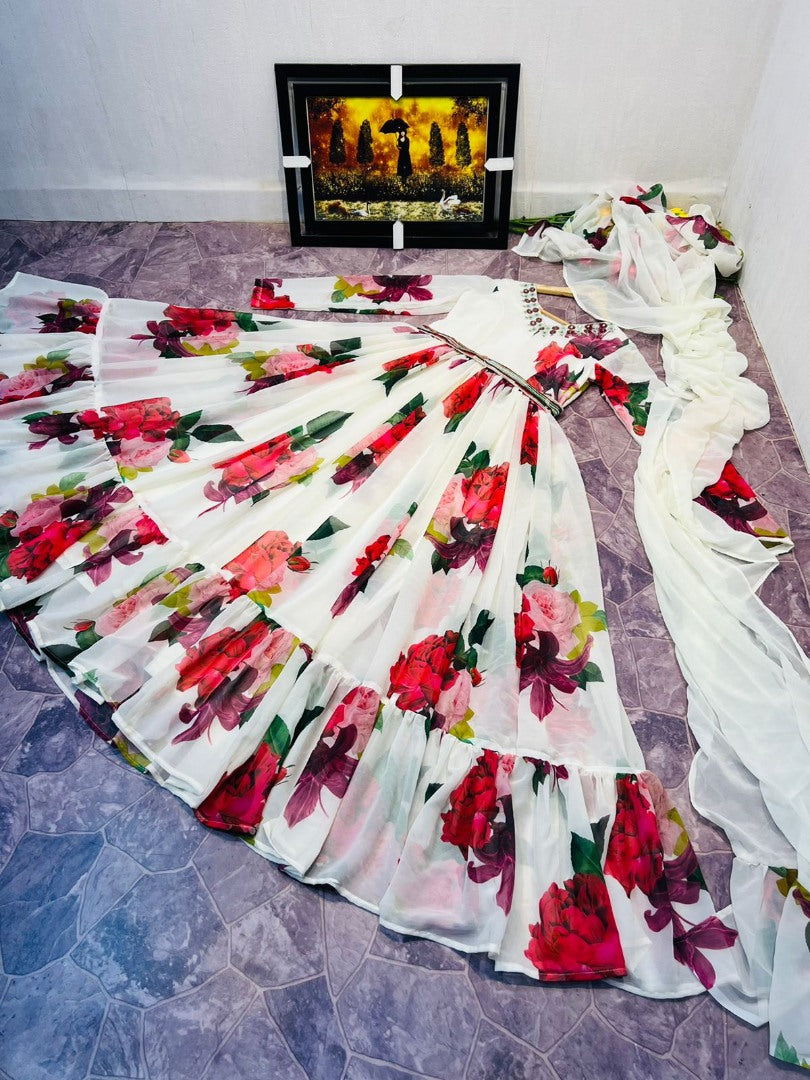 White georgette flower printed long gown