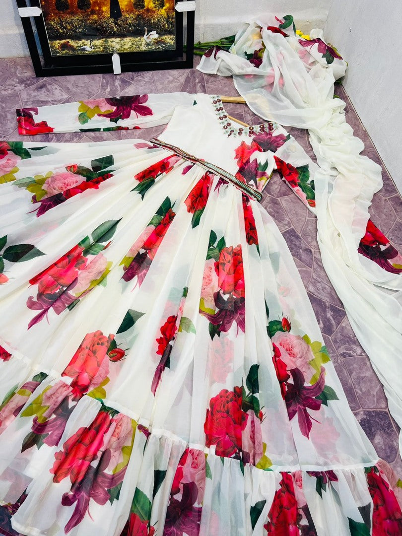 White georgette flower printed long gown