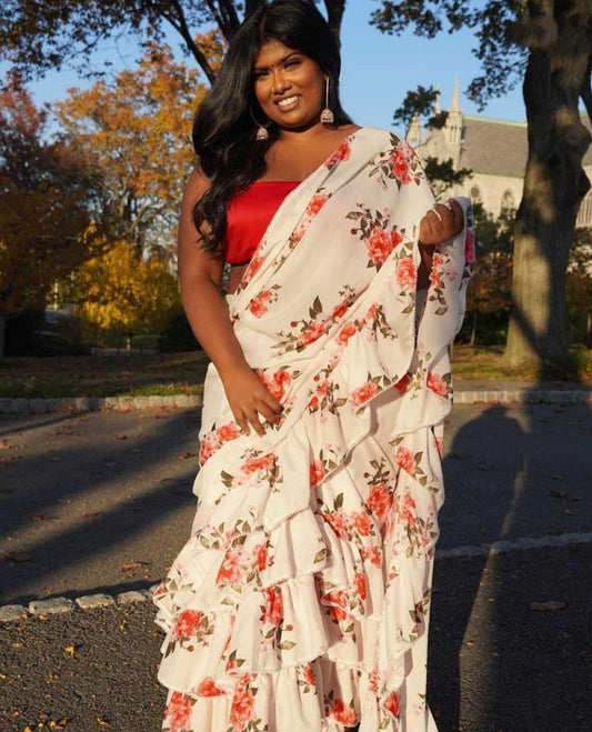 White georgette flower printed ruffle saree