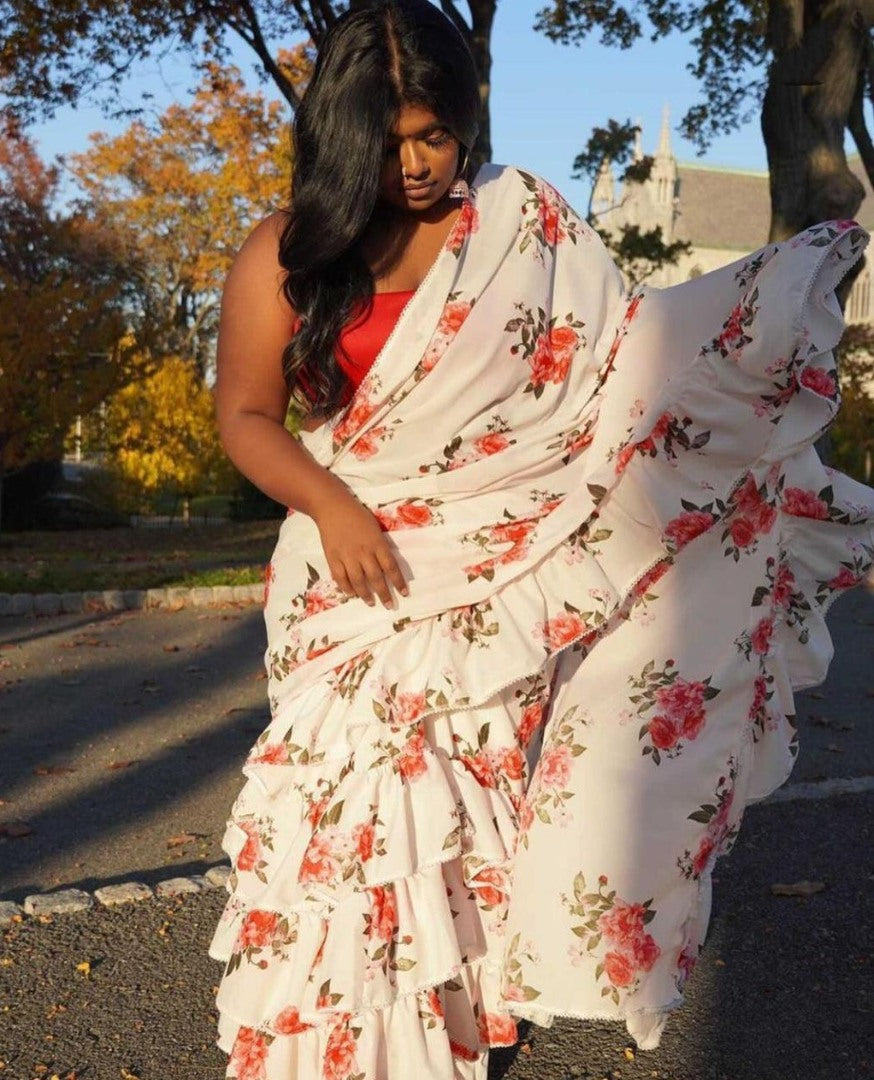 White georgette flower printed ruffle saree