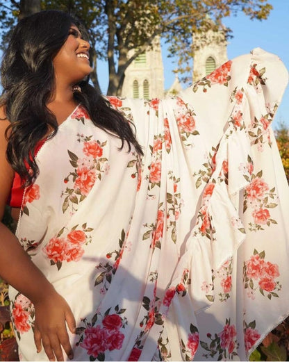 White georgette flower printed ruffle saree