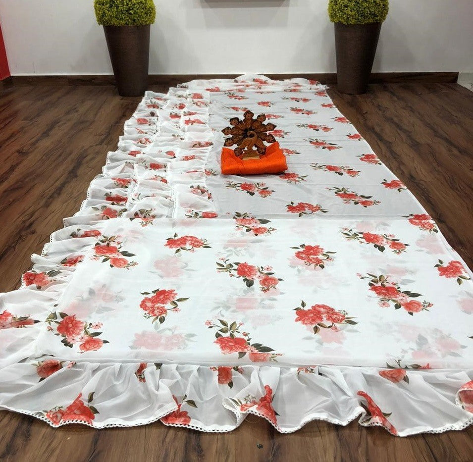 White georgette flower printed ruffle saree