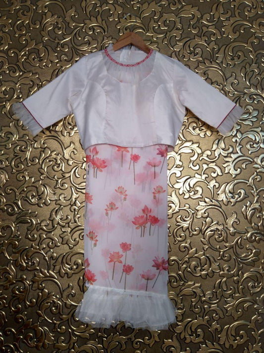 White georgette flower printed ruffle saree with stitched blouse