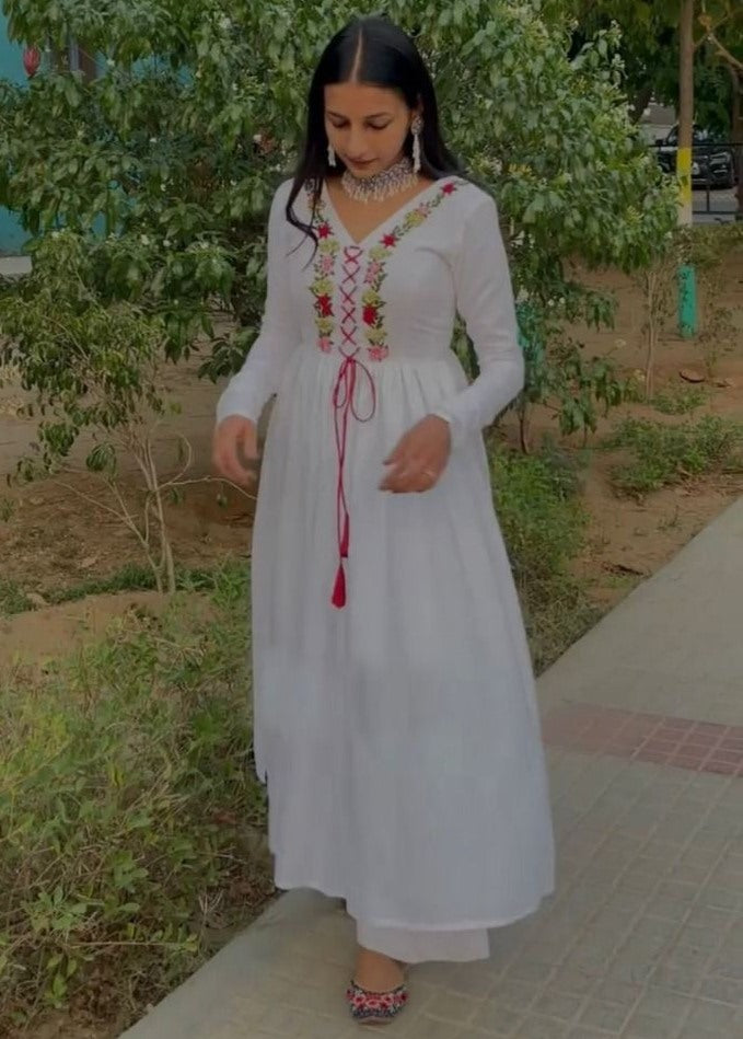 White georgette hand work palazzo kurti