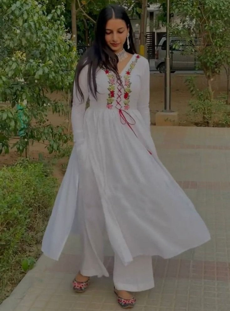 White georgette hand work palazzo kurti