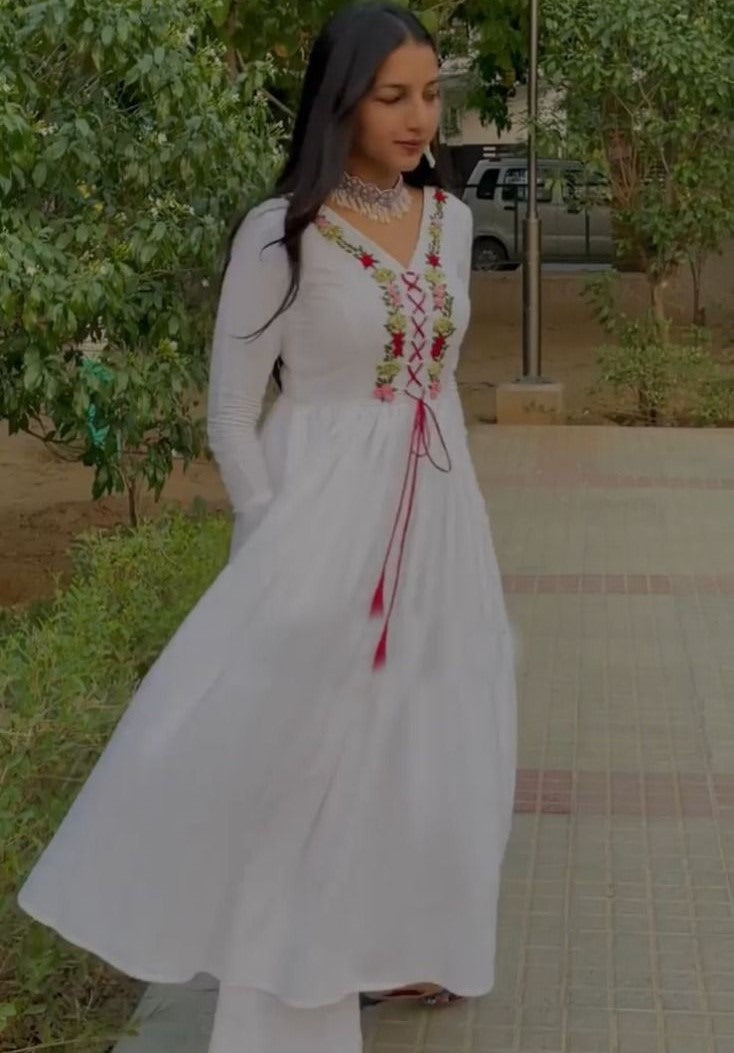 White georgette hand work palazzo kurti