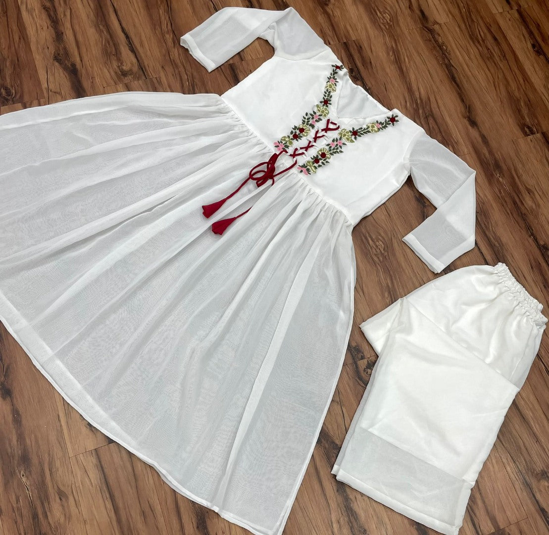White georgette hand work palazzo kurti