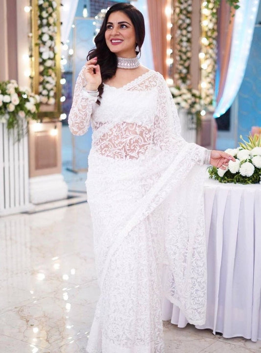 White georgette heavy chain stitch work saree