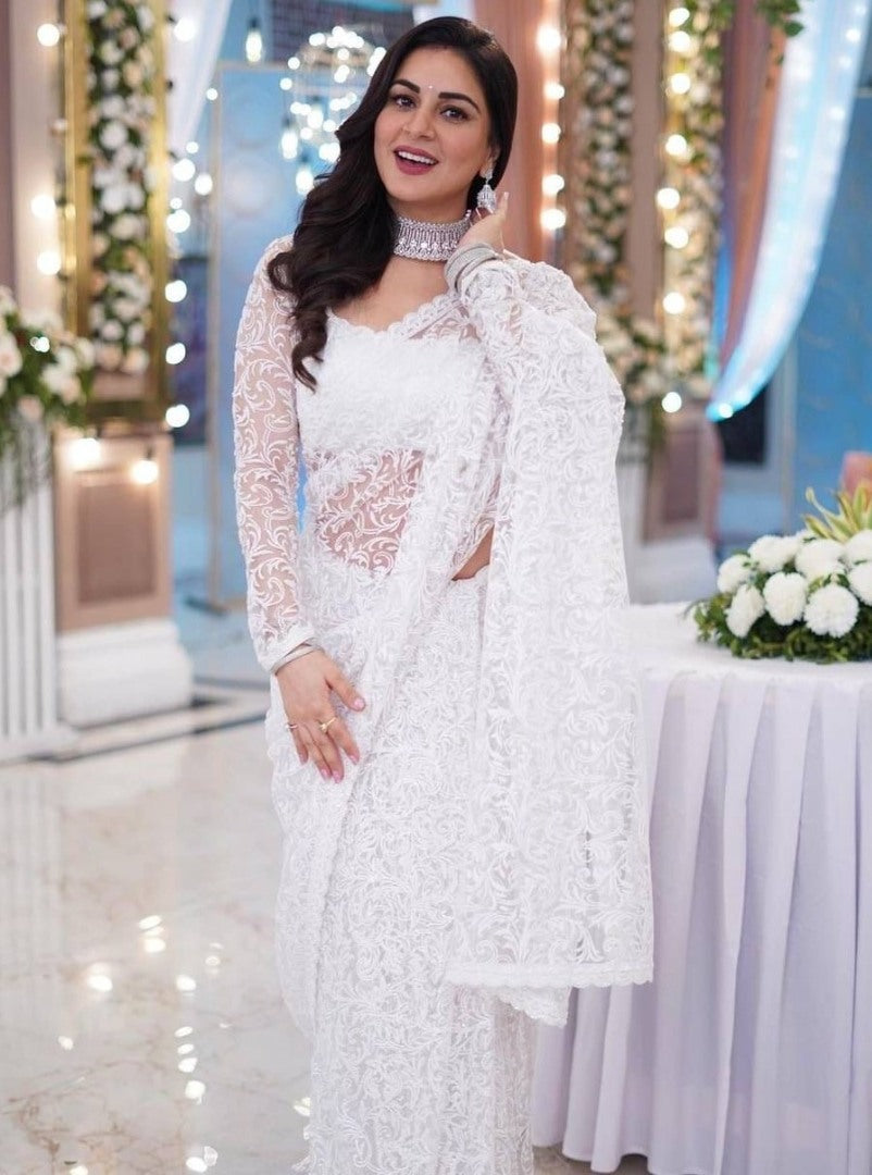 White georgette heavy chain stitch work saree