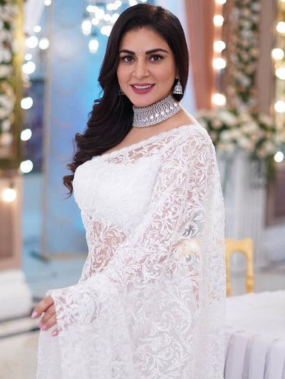 White georgette heavy chain stitch work saree