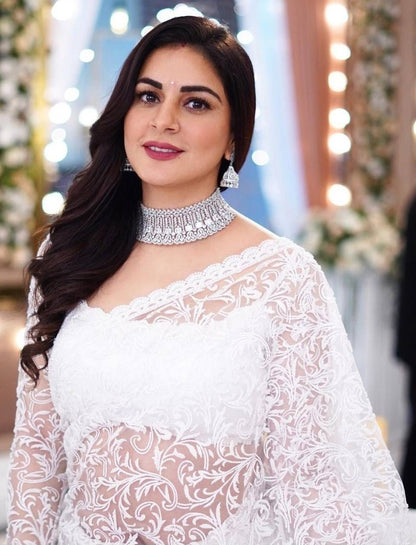 White georgette heavy chain stitch work saree