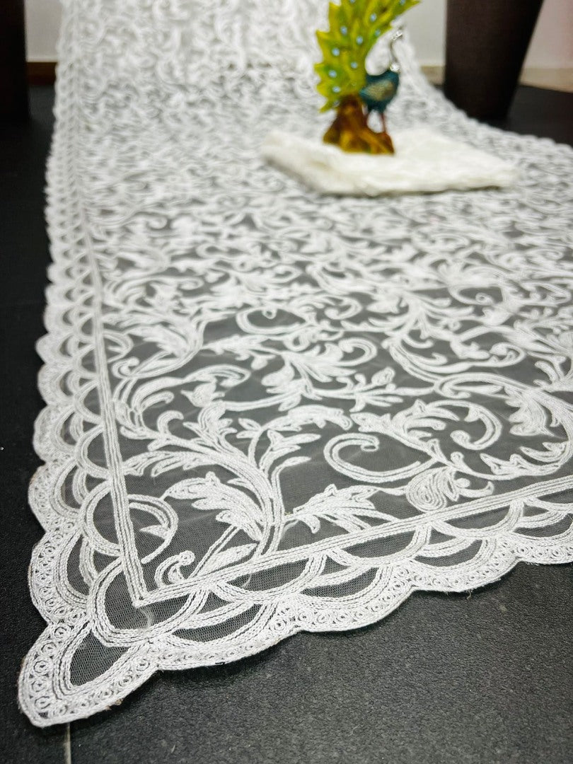 White georgette heavy chain stitch work saree