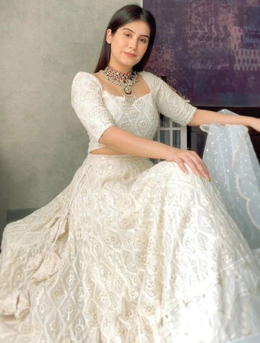 White georgette heavy embroidered designer wedding lehenga choli