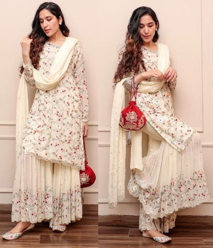 White georgette heavy embroidered sharara suit for wedding