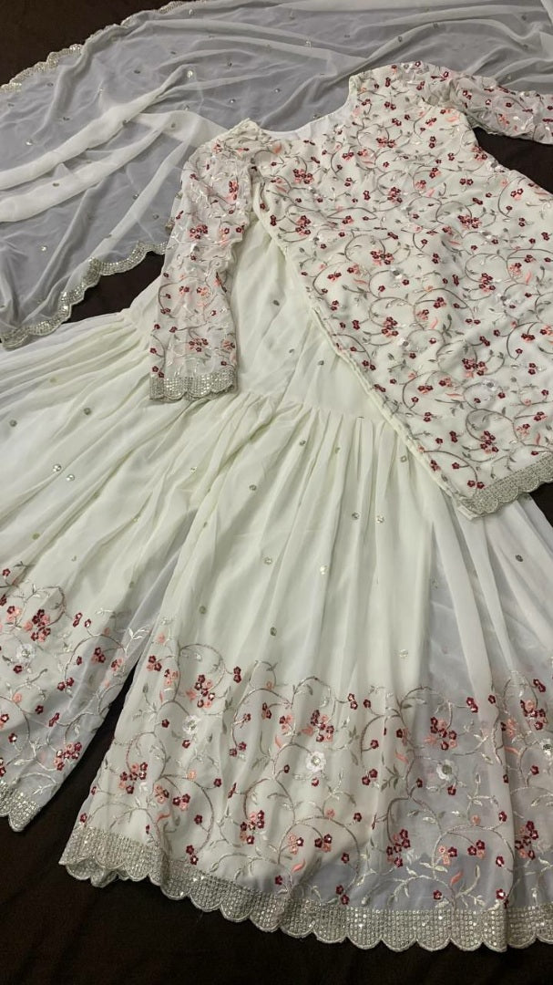 White georgette heavy embroidered sharara suit for wedding