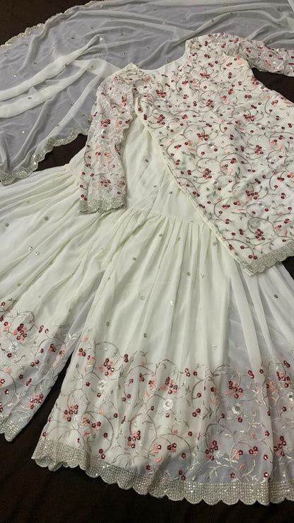 White georgette heavy embroidered sharara suit for wedding