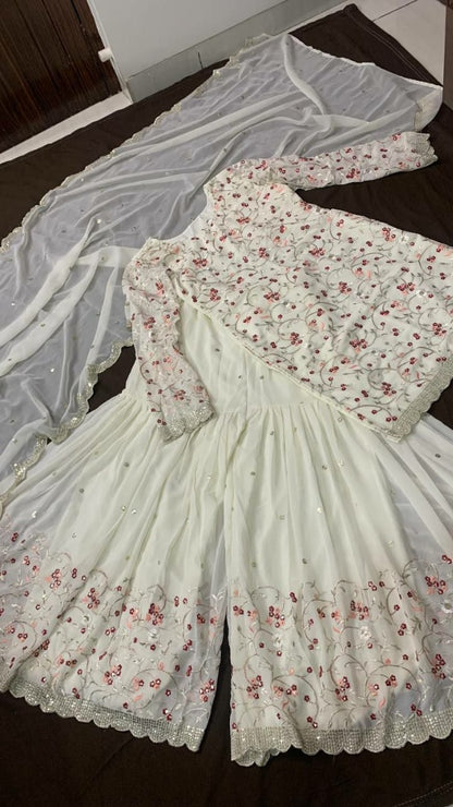 White georgette heavy embroidered sharara suit for wedding