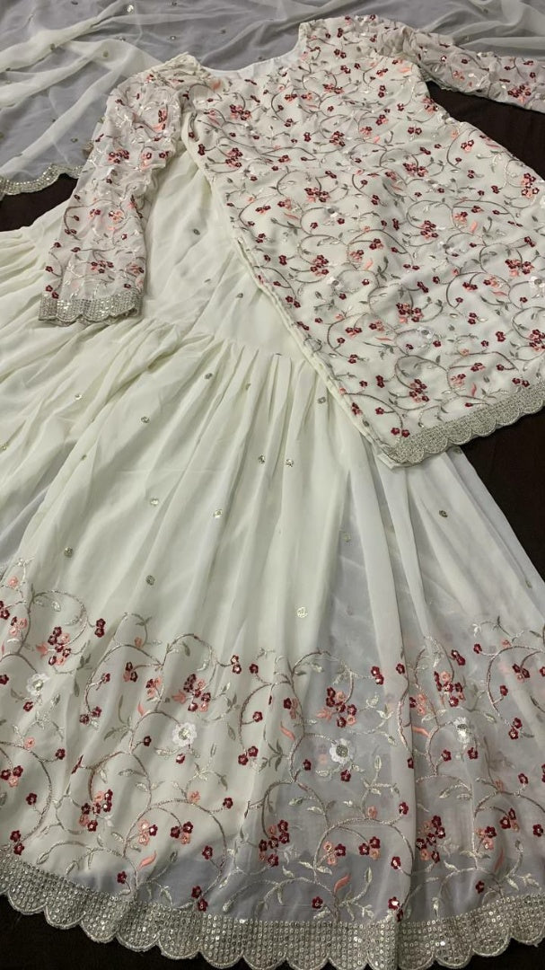 White georgette heavy embroidered sharara suit for wedding