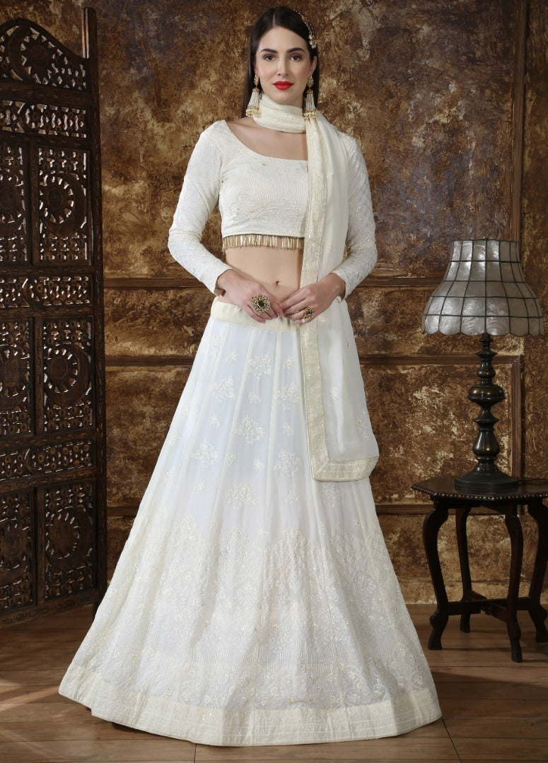 white georgette heavy embroidered wedding lehenga choli