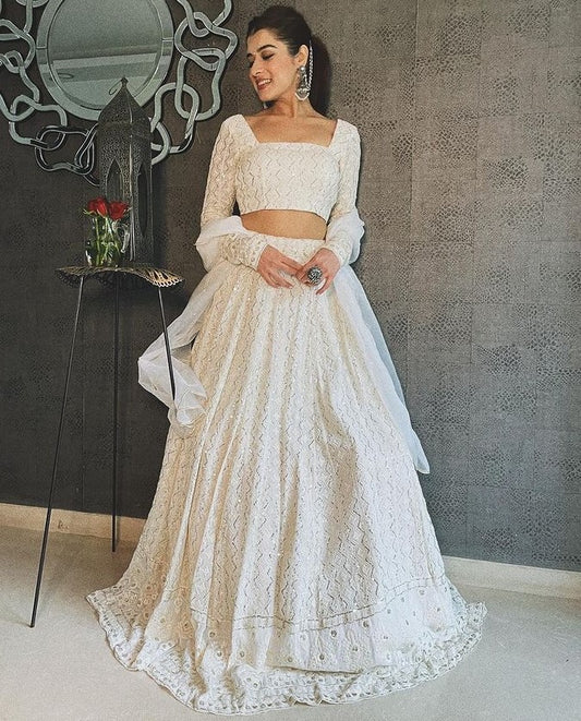 White georgette heavy embroidered wedding lehenga choli