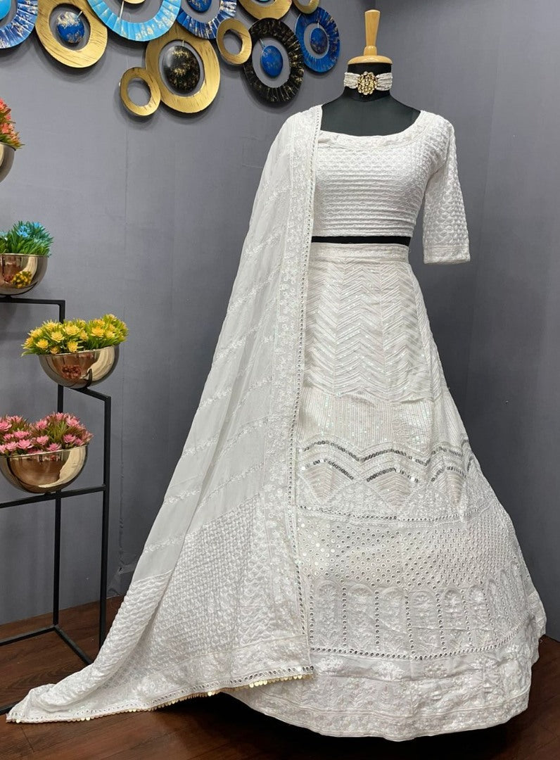 White georgette heavy embroidered wedding lehenga choli