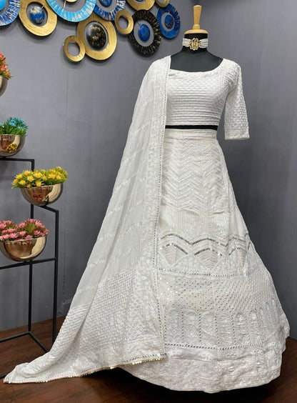White georgette heavy embroidered wedding lehenga choli