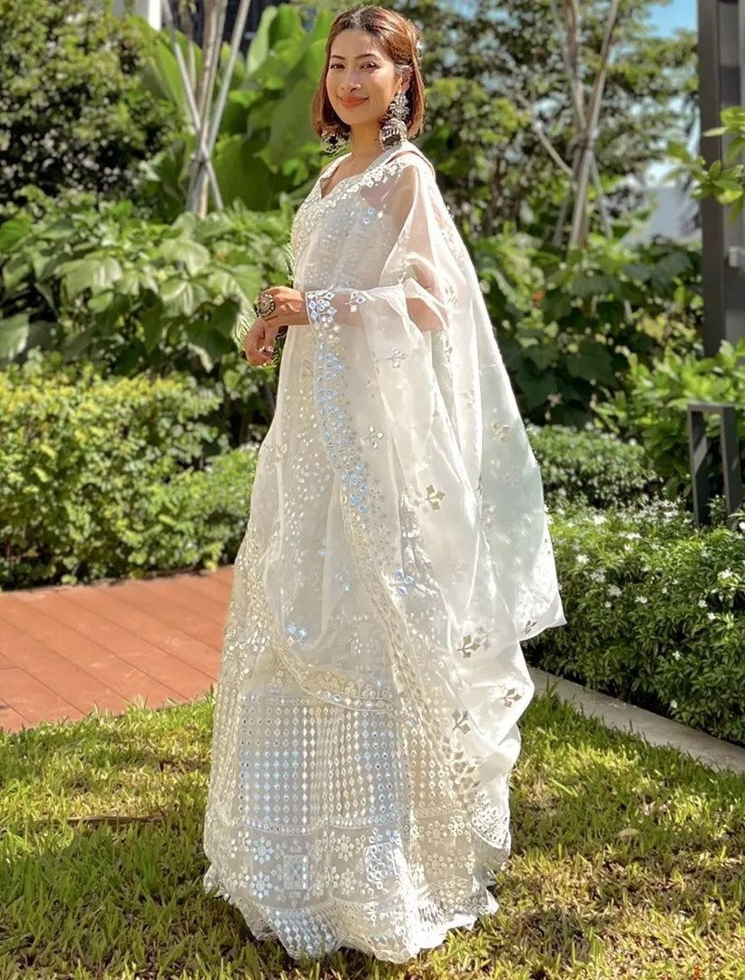 White georgette heavy embroidered wedding lehenga choli