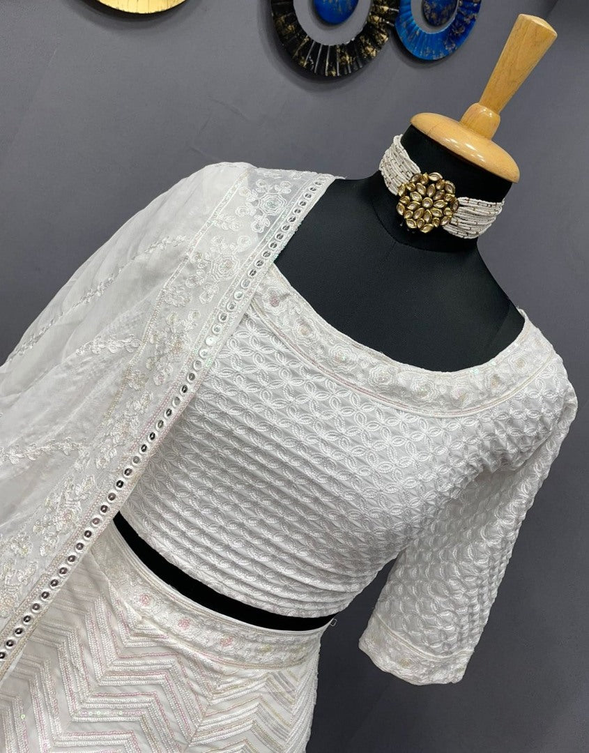 White georgette heavy embroidered wedding lehenga choli