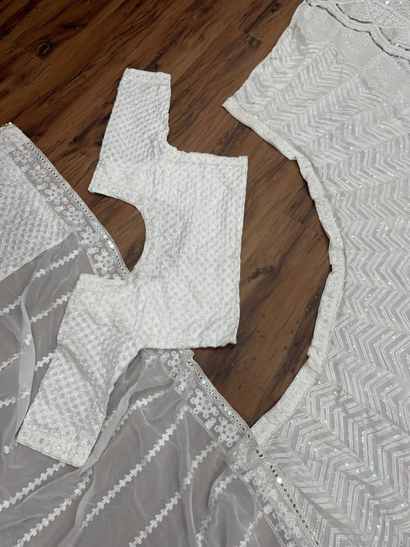 White georgette heavy embroidered wedding lehenga choli