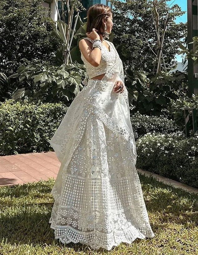 White georgette heavy embroidered wedding lehenga choli