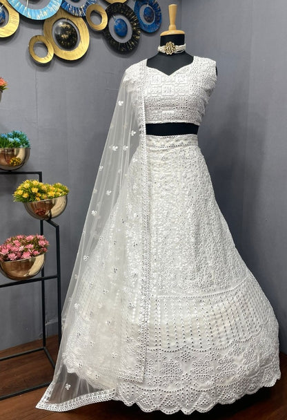White georgette heavy embroidered wedding lehenga choli