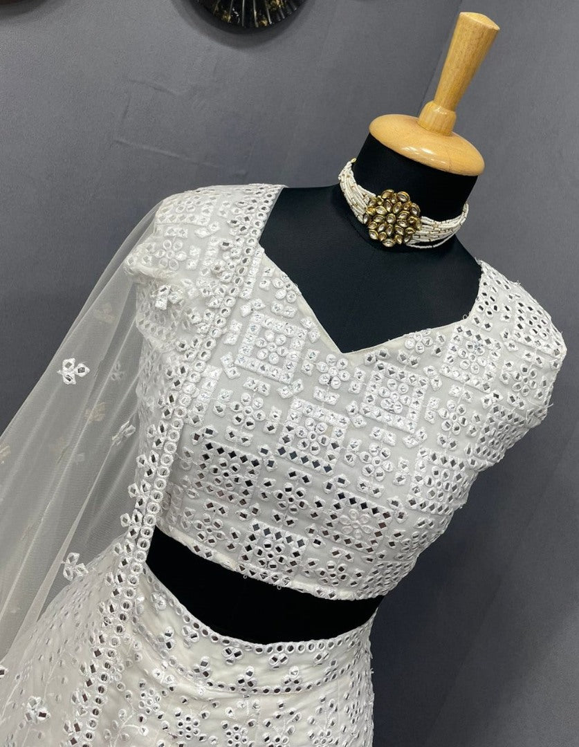 White georgette heavy embroidered wedding lehenga choli