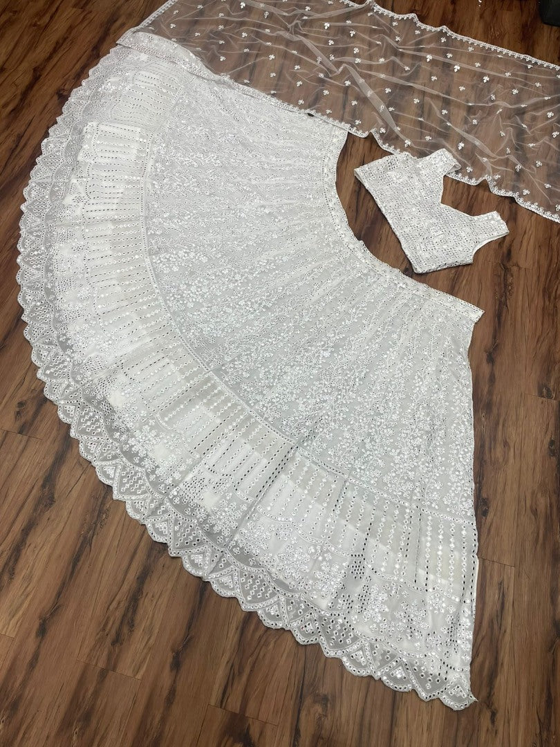 White georgette heavy embroidered wedding lehenga choli