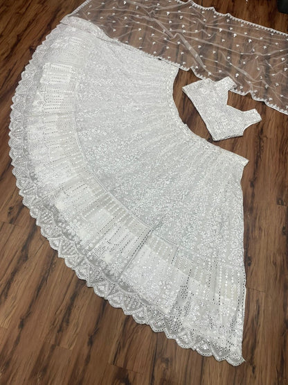 White georgette heavy embroidered wedding lehenga choli