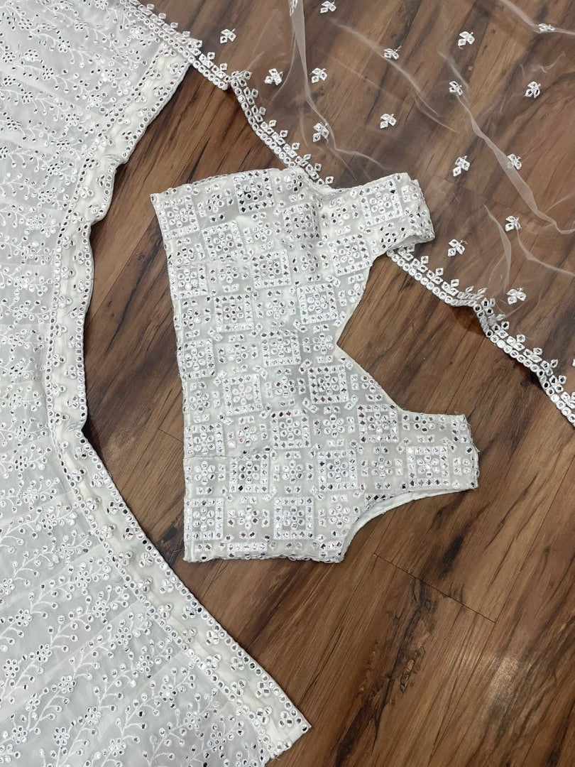 White georgette heavy embroidered wedding lehenga choli