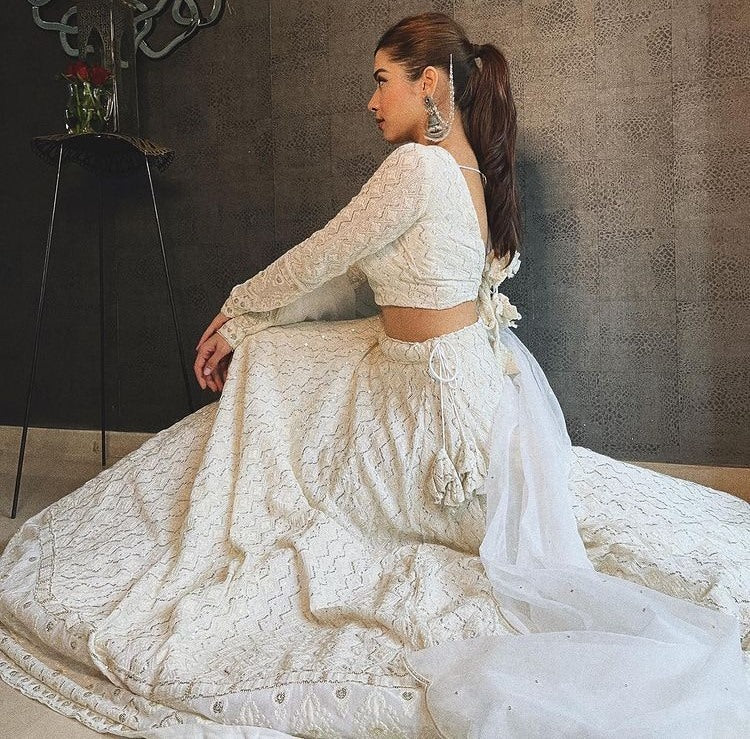 White georgette heavy embroidered wedding lehenga choli