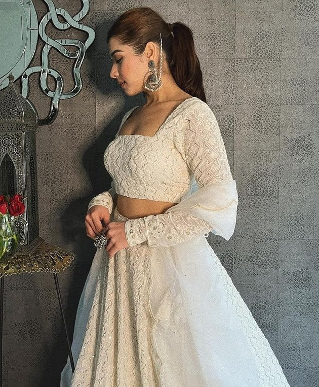 White georgette heavy embroidered wedding lehenga choli
