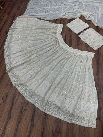 White georgette heavy embroidered wedding lehenga choli