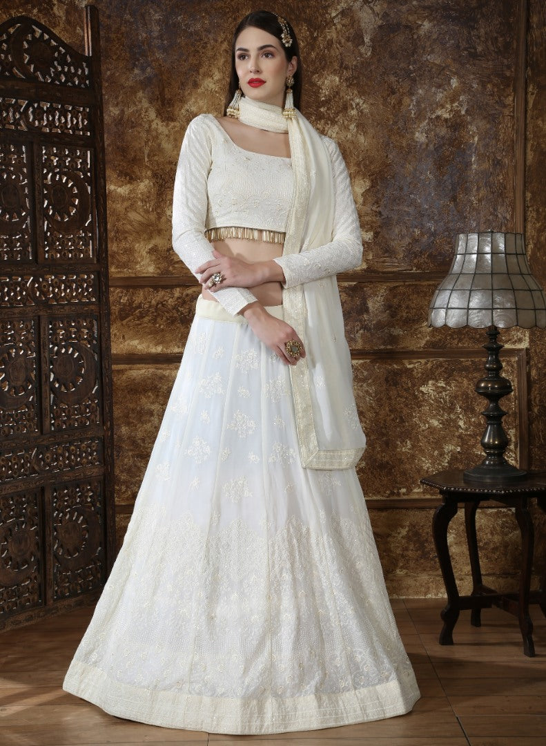 white georgette heavy embroidered wedding lehenga choli