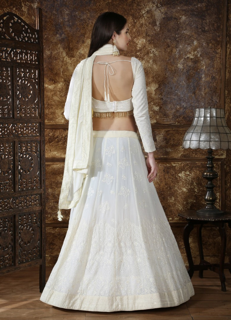 white georgette heavy embroidered wedding lehenga choli