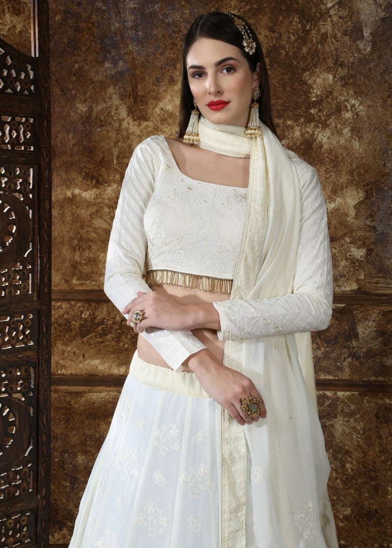 white georgette heavy embroidered wedding lehenga choli