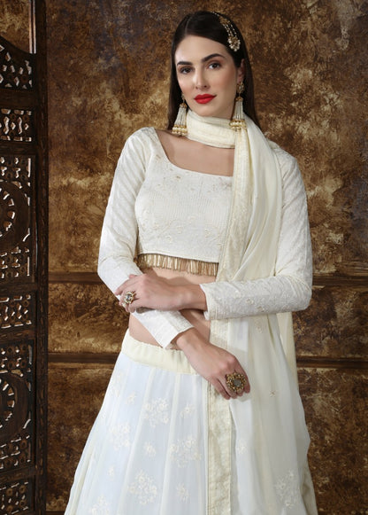 white georgette heavy embroidered wedding lehenga choli